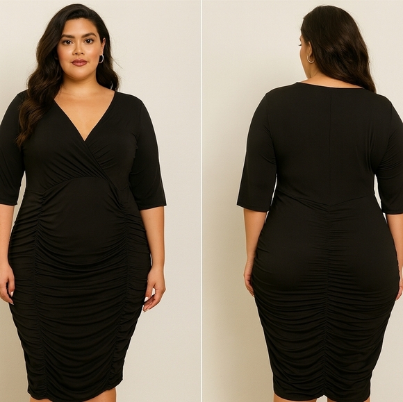 Vintage Dresses & Skirts - 🖤 Classic Black Ruched Midi Dress Elbow Sleeve Size 1X Stretch Cocktail Formal